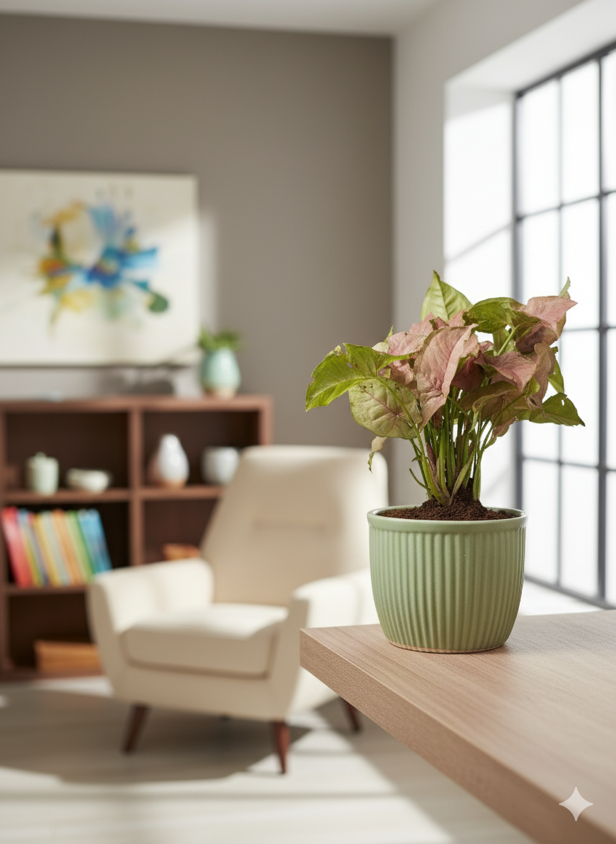 Pink Syngonium Plant in Mint Green Ceramic Pot