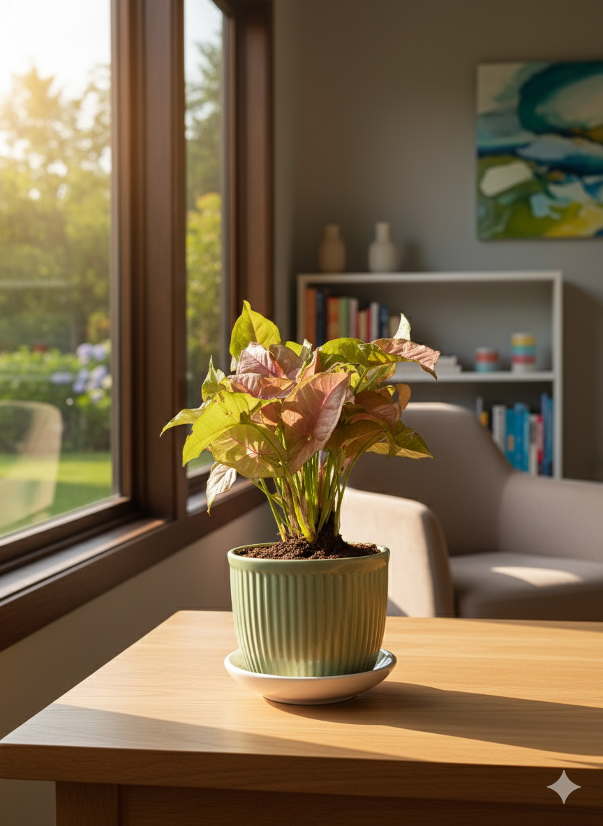 Pink Syngonium Plant in Mint Green Ceramic Pot
